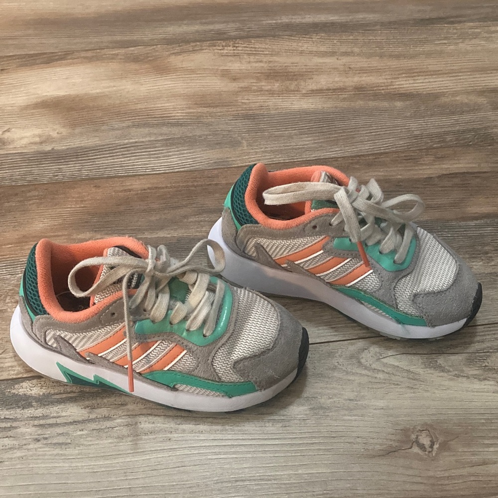 Adidas Girls Size 11 Gray Orange & Green 3 Stripe Ortholite Sneakers